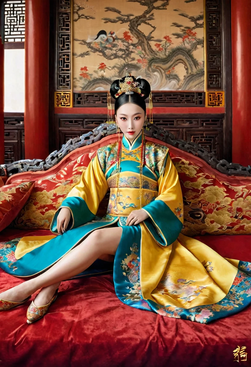 Gorgeous Empress of the Chinese Court during the Qing Dynasty Gorgeous Empress of the Chinese Court on a sofa, nude, large and golden, with her legs on the sofa, wide open, knees bent, in an M pose (pornographic pose), with her hair tied on both sides The background of this perverted and erotic woman wearing a crown and tying her hair is the Chinese court of the Qing Dynasty. The scene is set in the luxurious room of an empress in the Qing Dynasty Chinese court.

Translated with DeepL.com (free version)