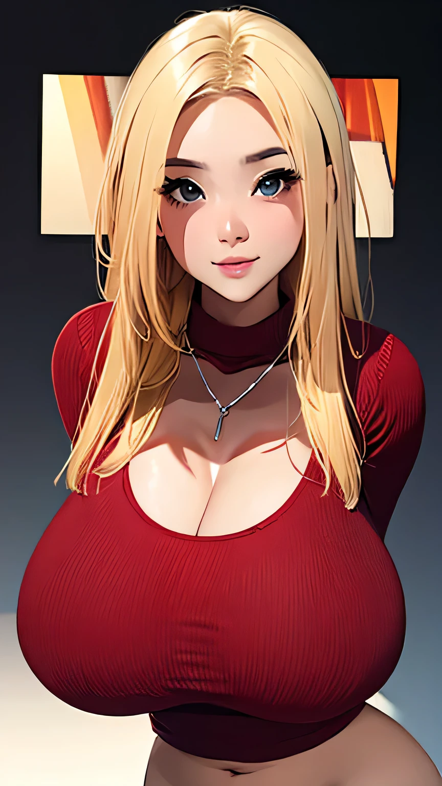 Best quality, high detailed, 8K quality, 4k resolution, Full body 20 years old chinese girl, blonde hair, necklace, gorgeous face, massive cleavage exposed, curvy body, wearing tight red sweater, massive breast and huge butt, playful expression, pose with both hands
