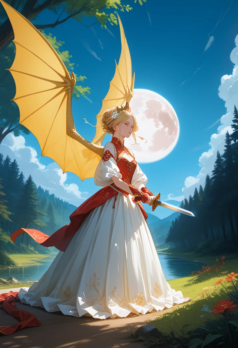 anime girl (blonde hair, in a long dress),Chinese dragon,zavy-chnsdrgn (One, Golden Dragon with Five Claws, Two wings),Flying across the sky Clear rendering of details,Majestic view,Captivating beauty,masterpiece,Mystical Glitter,Pleasant atmosphere,wallpaper,Detail Maximum,4k,cinematic film still,score_9,score_8_up,score_7_up,masterpiece,best quality,8k,source_cartoon,source_アニメ,epic