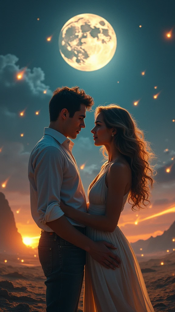 masterpiece, highest quality, Highest image quality, High resolution, photo realistic, Raw photo, full body photo, (night, giant Moon in the sky :1.4, outdoor, young man and beauty girl, man talking to girls, man put his hands on girl shoulder:1.4, man look at girl and girl look at man), many giant meteor strike on the ground, flying hair