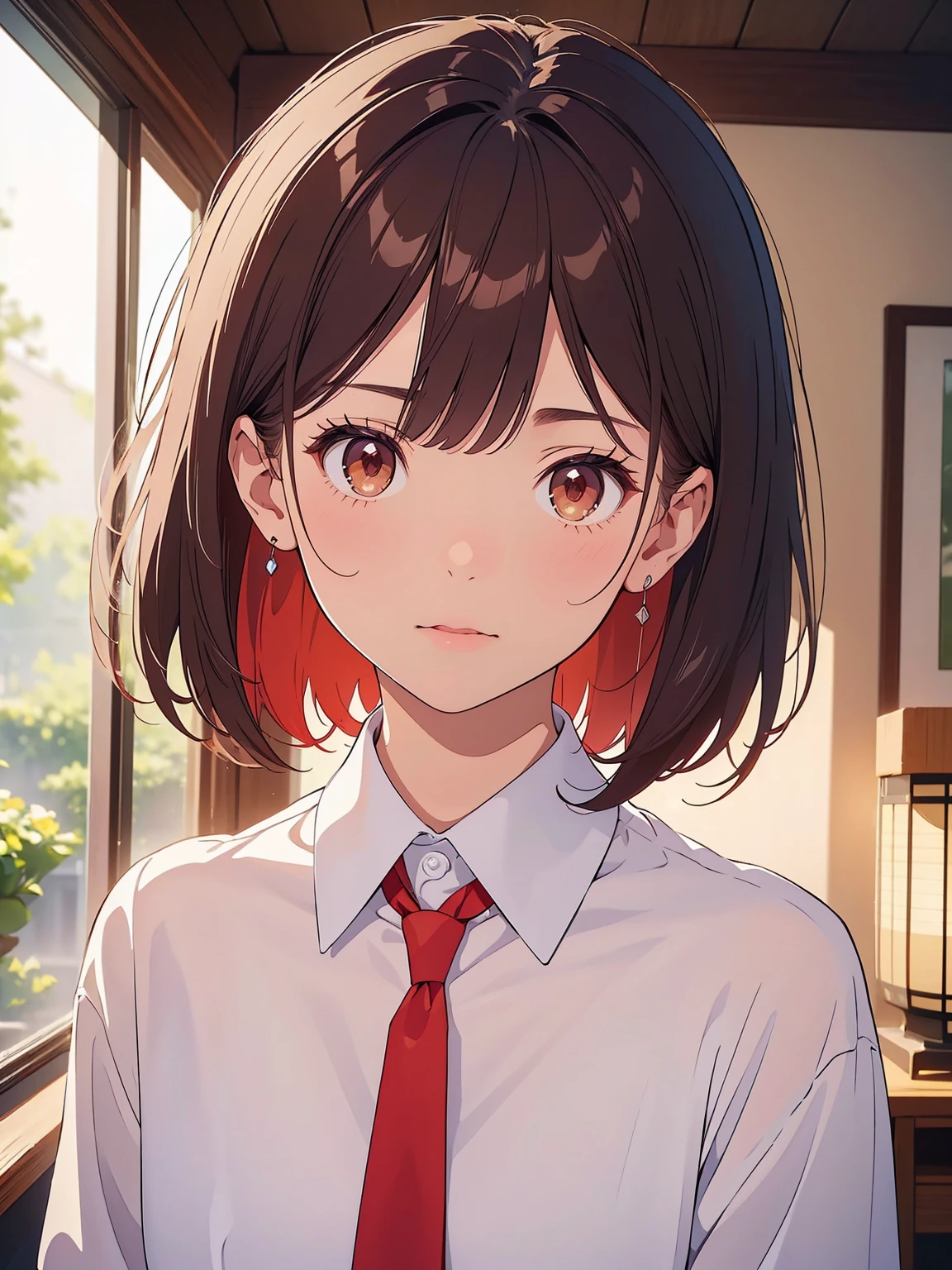 ((highest quality))、(masterpiece:1.4)、Raw photo、8k、((best image quality))、 ((High resolution))、Beautiful face in every detail、realistic human skin、gentle expression、(one woman:1.3 )、realistic、Photoreal、(short hair)、(Beautiful woman)、(cute japanese girl)、(boyish:1.3)、(mannish)、((Beautiful woman))、(beautiful hair)、((dark brown hair))、(((red cheeks)))、((her eyes are big))、20 year old beauty、(small face)、small head、((long neck))、high school girls uniform、(white shirt)、tie、garden