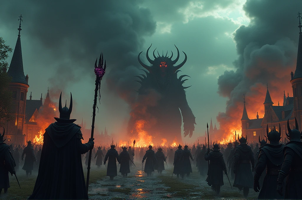 A cinematic, epic scene of a dark army led by a Dark Lord invading a village at dusk. The sky is filled with dark clouds and smoke from burning buildings, casting an eerie and apocalyptic glow. The Dark Lord, towering and menacing with glowing red eyes and dark armor, wields a staff emitting dark, crackling energy. The army consists of shadowy figures in dark armor, wielding sinister weapons, marching forward with discipline and menace. Evil magic swirls in the air, casting ominous shadows and eerie green and purple glows. Behind them, giant war beasts and monstrous creatures wreak havoc, smashing buildings and roaring. Villagers are seen fleeing in terror, some carrying children or belongings, while others are being killed by the dark forces. Fires blaze throughout the village, adding to the chaos and destruction. The overall scene is highly detailed and realistic, capturing the intensity and terror of the invasion with a high level of cinematic quality. The style should evoke an apocalyptic and dramatic mood, with a focus on evil magic, a dark, foreboding atmosphere, and the brutal slaughter of villagers.
