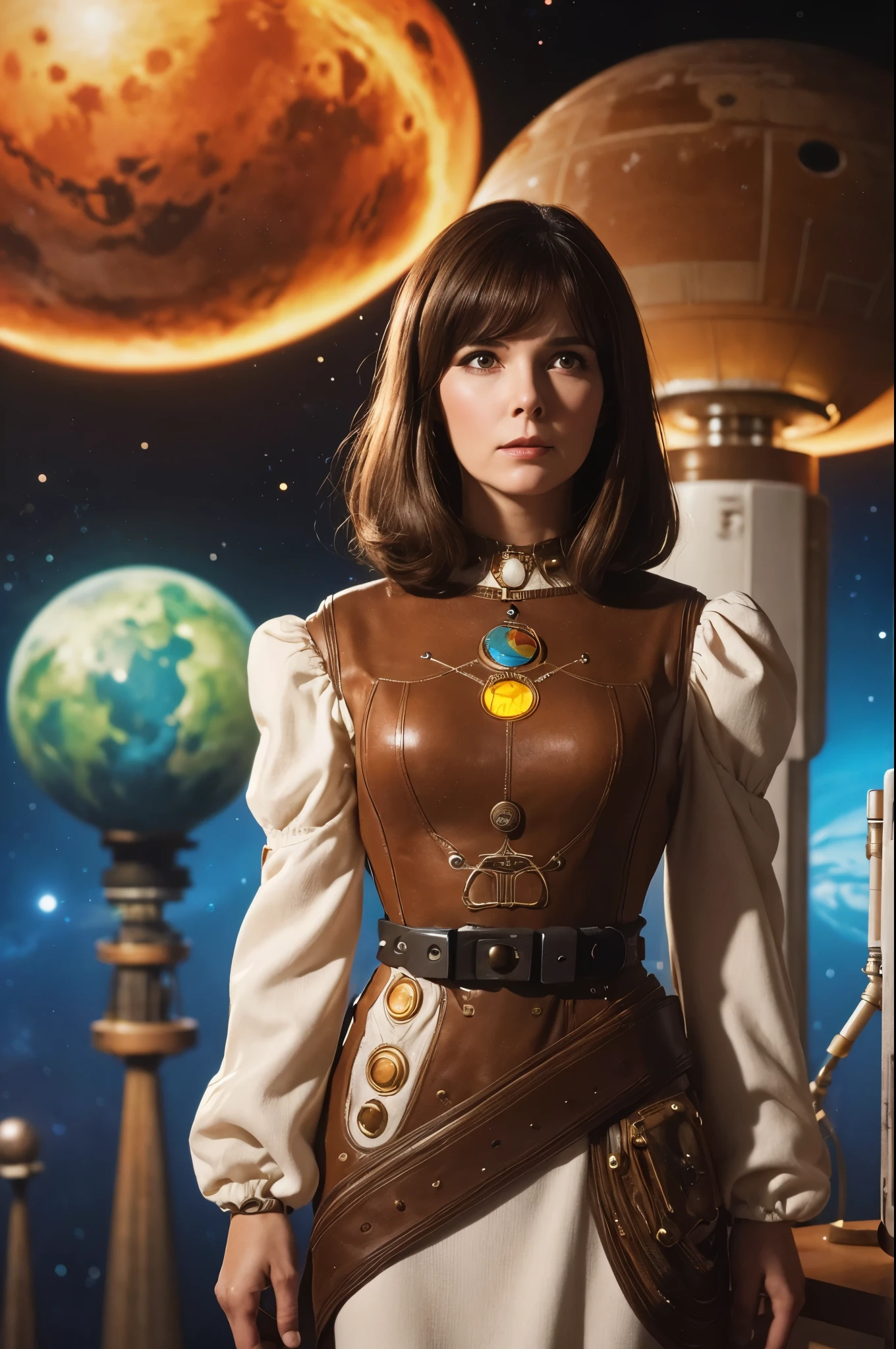people々Image of a woman in her 50s wearing a white dress standing in front of, 70s Sci-Fi Art, Attractive brown haired woman, Movie stills, Hypermaximalist, Promotional Rendering, By Menez, Cosmic Bjork, steampunk, Velma, Mars Attacks, Around 1970, cp2077