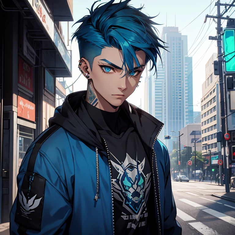 Young man, Blue cyberpunk hair in a wolf cut, green eyes, handsome, piercings, street style clothes, blue tiger shirt