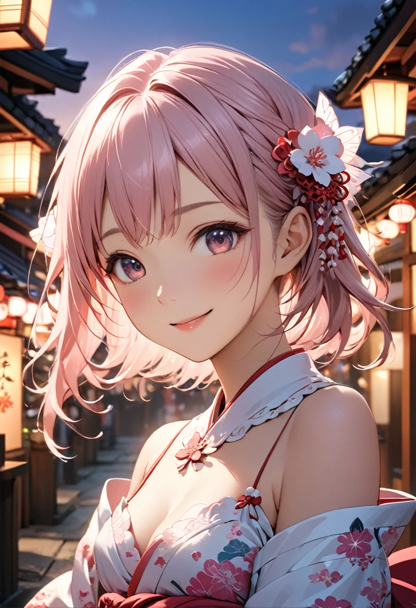 Highest quality, Highest quality, 16K, Unbelievably absurd, Very detailed, 2.5D, delicate and dynamic,evening,Fantasy,One Girl,18-year-old,pink,Japanese culture,sexy,smile,Cute,Upper Body