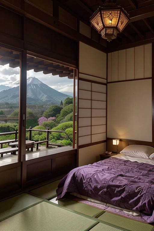 lilac room in beautiful palatial and gloomy Japanese castle in Japan with mountains and lakes, bedrooms