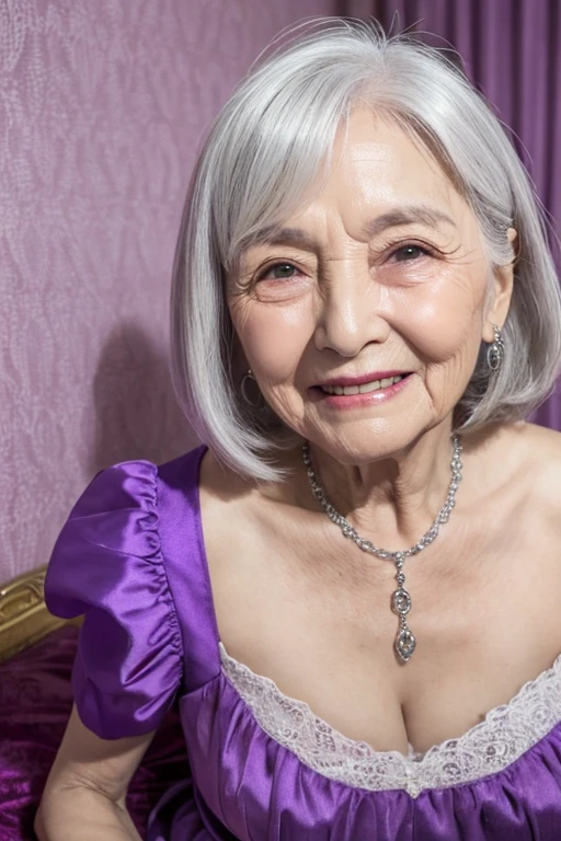 90 year old grandmother、Missing teeth、1 person、bed、Heavy makeup、Thinning hair、Silver Hair, Purple dress、Many wrinkles