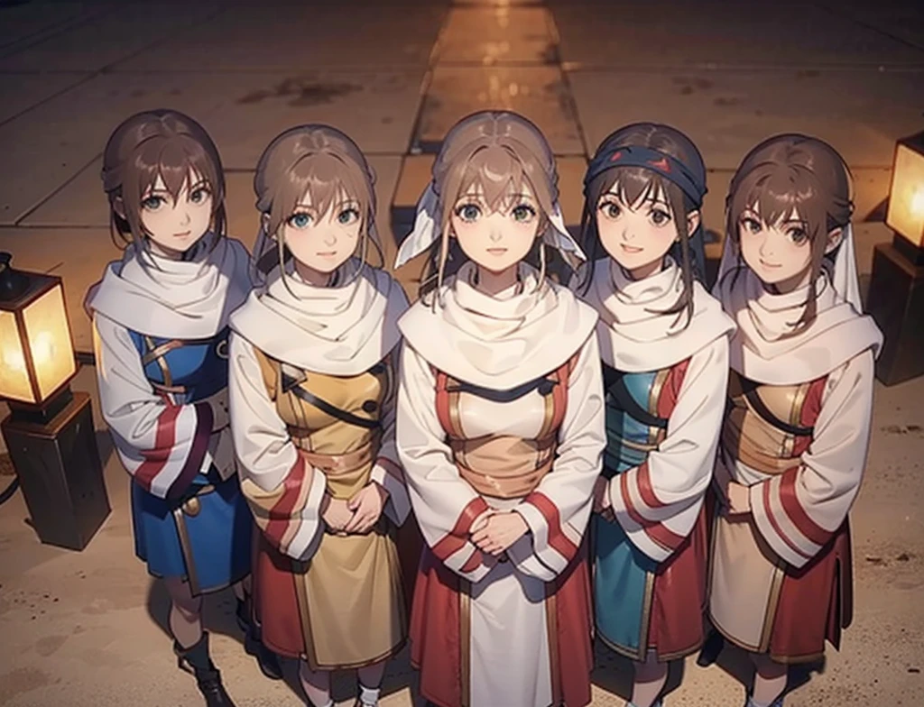 4 girls  Mikoto Misaka character face standing together group photo  brown hair brown eyes bandana on forehead 