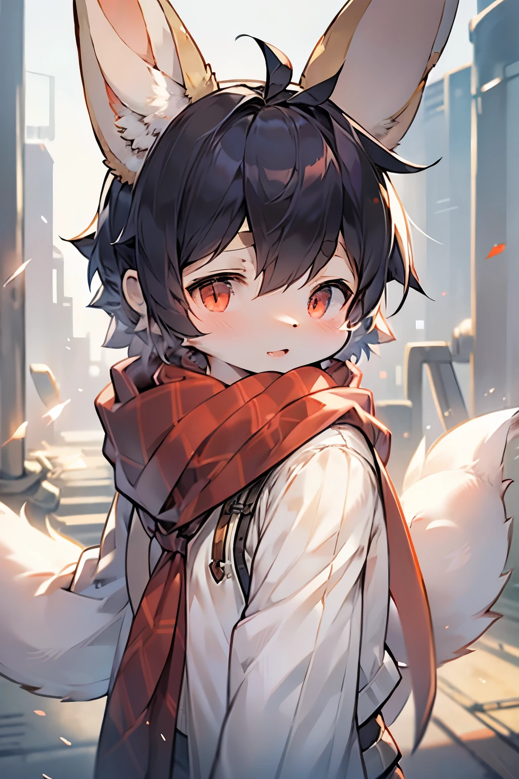 Dwarf rabbit girl,Bunny ears,Furry girls,Baby characteristics,Red pupil,White skin,White Arm,White hair,scarf,Short skirt,Prison Background