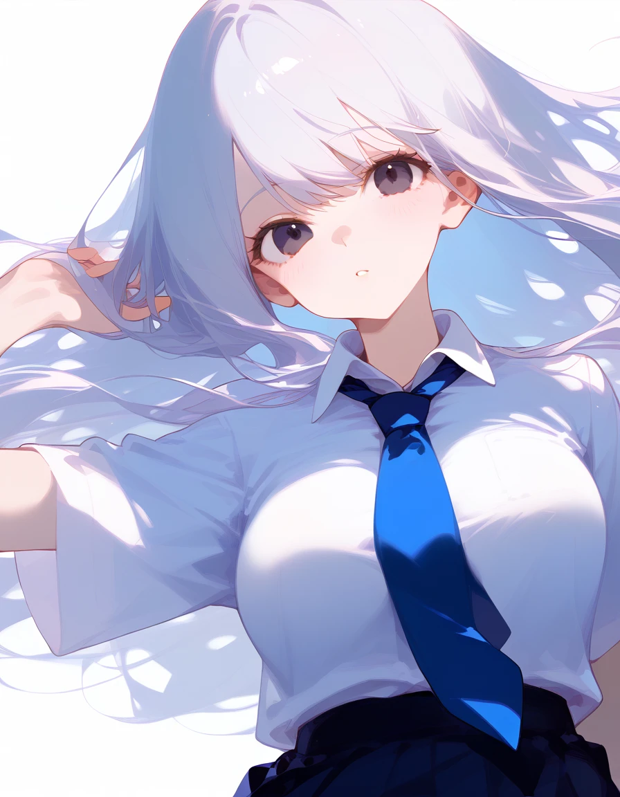 Girl 1, (blank white background) long straight straight white hair long bangs, cold narrow eyes beautiful black eyes, schoolgirl, white background, Wearing a tie, a student wearing a Japanese school uniform, wearing a short dark blue skirt, posing with her hands in front of a blank expression, an adult face, half body image, Blue tie