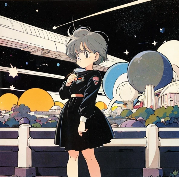 cute girl,gray hair,medium　short hair,black sweater,full body,flat fill,analogue,2020,fashion,comic,retro anime,many colorful stars,vast landscape,night,space,shooting star,takahashi rumiko,Bold composition、Cute face、Hanging Garden、plant、Planetary orbits、astronomy、mysterious、no gravity