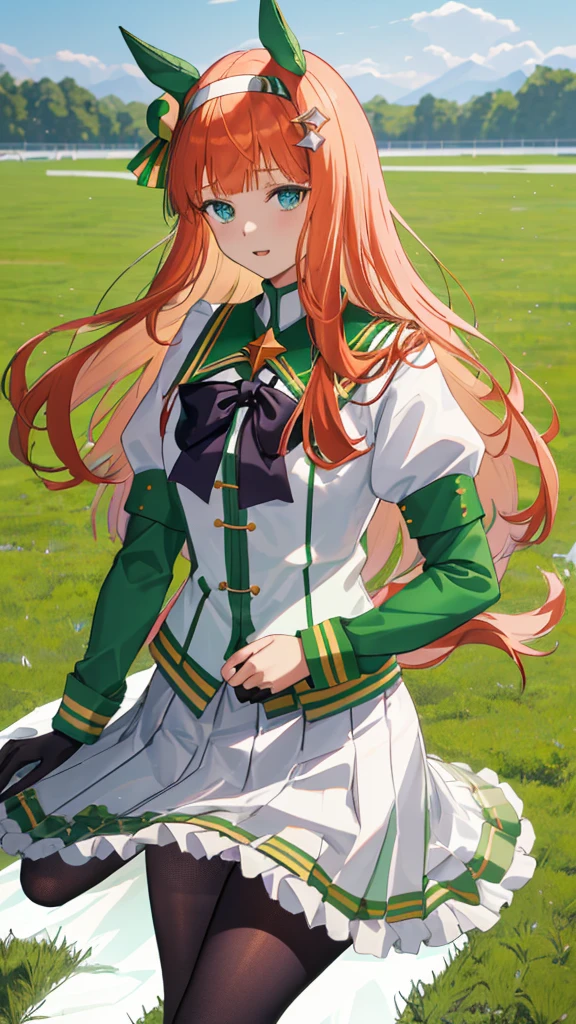 Asuzuka, Long Hair, Animal ears, Ear coverings, White hair band, Horse tail, Green sailor collar, Black Bow, White shirt, Layered sleeves, Green Sleeves, Black gloves, White Skirt, Black Pantyhose,grass、Crotch crack sitting、Laughter、(View the viewer:1.4)