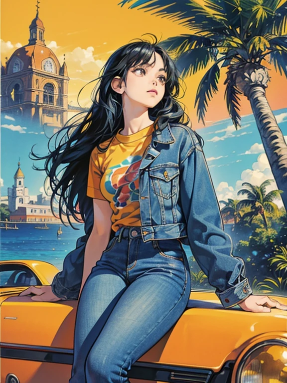 Orange and Indigo Keynote、Vibrant colors、((masterpiece)))、(((Highest quality)))、((Ultra-detailed))、(Surreal)、(Highly detailed CG illustration)、Official Art、CD cover、Urban、City Pop、Palm tree、Seaside、Long black hair、That will happen、Cool feeling、Midsummer、stylish、glorious 1980s、Cool Beauty、cochetti gorgeous、Unparalleled beauty、Jacket、jeans、Female Solo、The perfect angle、Perfect composition、Face close-up