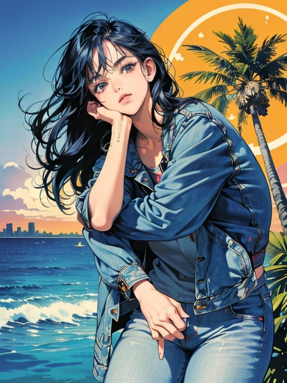 Orange and Indigo Keynote、Vibrant colors、((masterpiece)))、(((Highest quality)))、((Ultra-detailed))、(Surreal)、(Highly detailed CG illustration)、Official Art、CD cover、Urban、City Pop、Palm tree、Seaside、Long black hair、That will happen、Cool feeling、Midsummer、stylish、glorious 1980s、Cool Beauty、cochetti gorgeous、Unparalleled beauty、Jacket、jeans、Female Solo、The perfect angle、Perfect composition、Face close-up