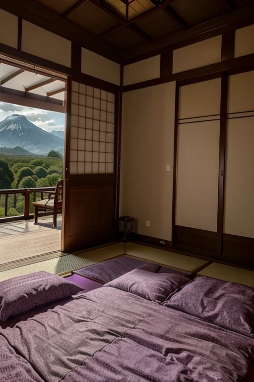 lilac room in beautiful palatial and gloomy Japanese castle in Japan with mountains and lakes, bedrooms