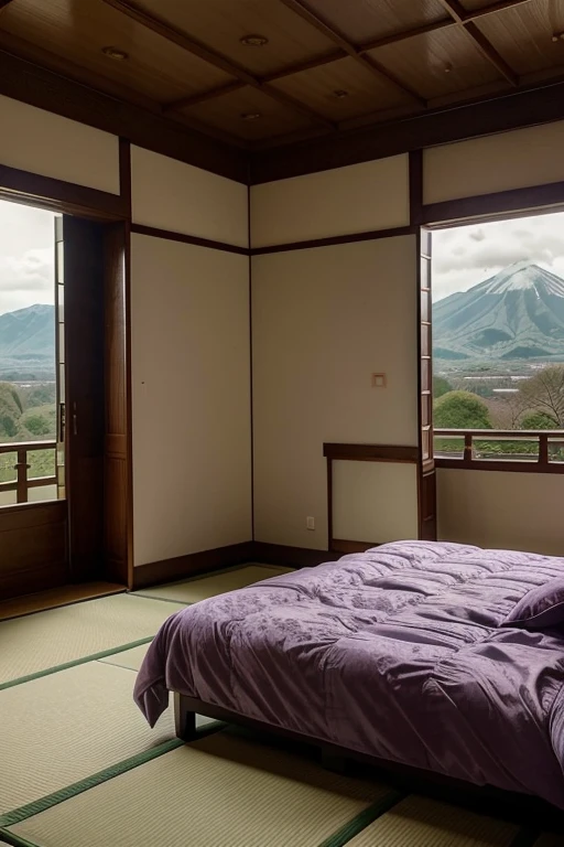 lilac room in beautiful palatial and gloomy Japanese castle in Japan with mountains and lakes, bedrooms 