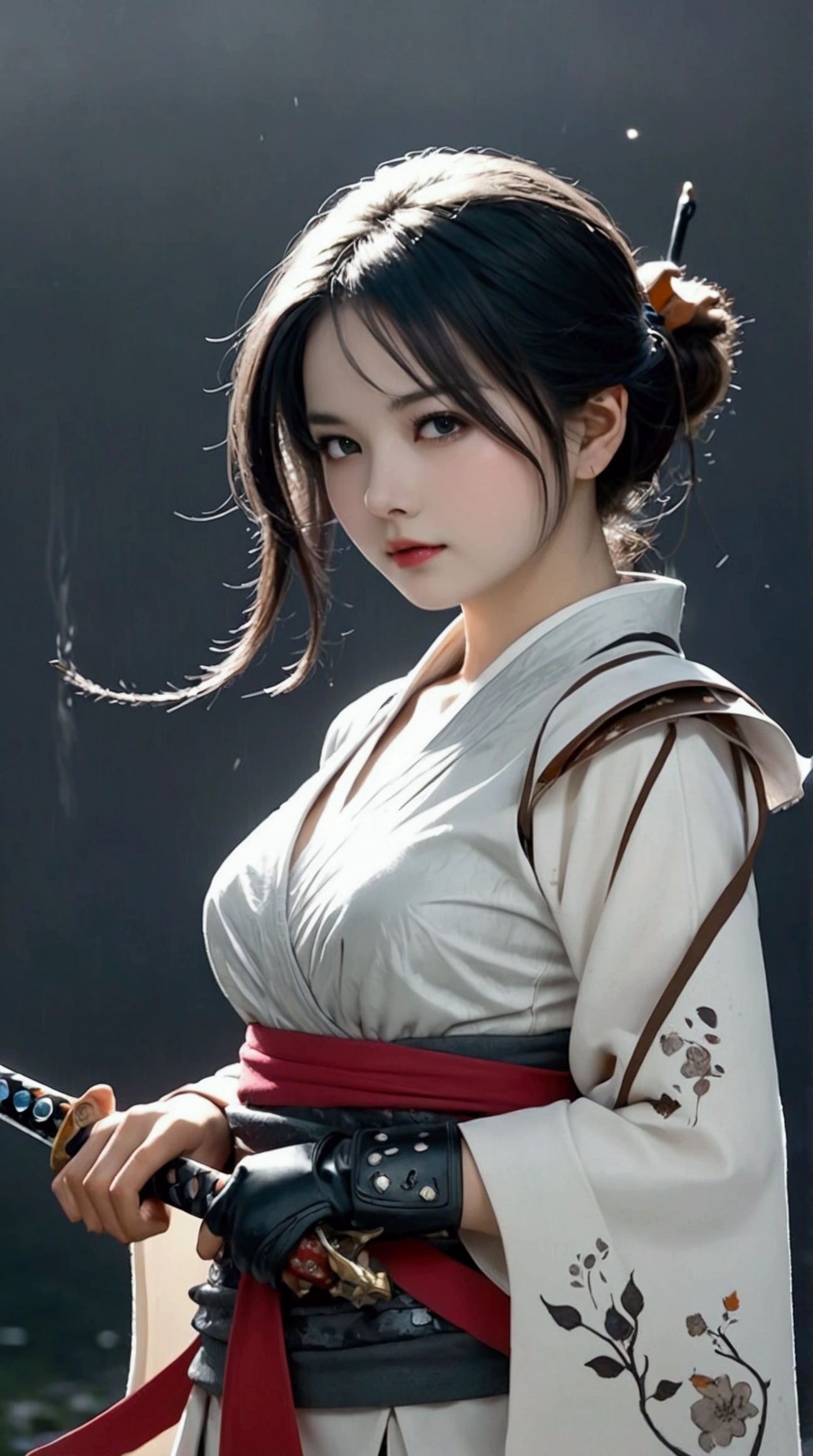(Japanese sword &reference;Muramasa 2&reference;.2)Beautiful 27 year old woman、Japanese women、Tie your hair back、Hair ornament artist、Shinobi Costume、Warrior、Clear Eyes、{Arm tattoo(SakuraFubuki}’Warrior、(Japanese swordを両手で構える、1.3)(Japanese sword1.2)Intermediate position、whole body、A long-edged sword、Realistic battle scenes、敵Warriorの返りBlood、Blood、High resolution、Highest quality、Very detailed、8k、background、The castle is burning、Sparks fly、