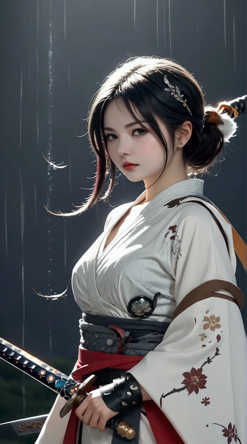 (Japanese sword &reference;Muramasa 2&reference;.2)Beautiful 27 year old woman、Japanese women、Tie your hair back、Hair ornament artist、Shinobi Costume、Warrior、Clear Eyes、{Arm tattoo(SakuraFubuki}’Warrior、(Japanese swordを両手で構える、1.3)(Japanese sword1.2)Intermediate position、whole body、A long-edged sword、Realistic battle scenes、敵Warriorの返りBlood、Blood、High resolution、Highest quality、Very detailed、8k、background、The castle is burning、Sparks fly、