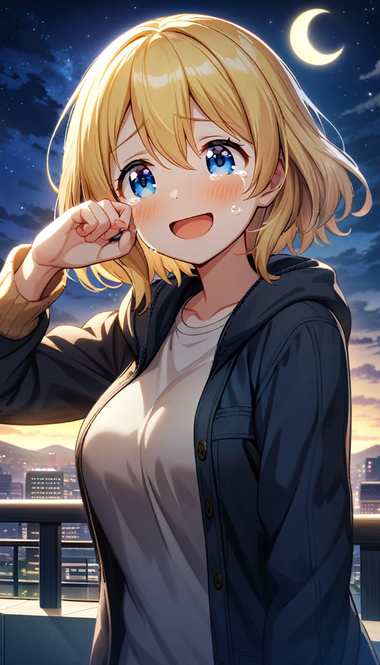 game cg,1girl,hair_between_eyes,wavy_short_hair,yellow hair,blue eyes,tareme,large breasts,happy tears,smile,((tears)),wiping tears,night,crescent moon,outdoor observation deck