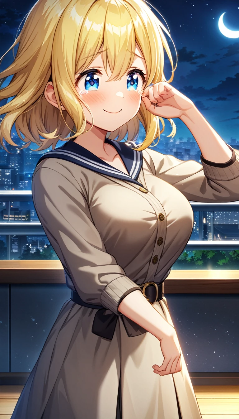 game cg,1girl,hair_between_eyes,wavy_short_hair,yellow hair,blue eyes,tareme,large breasts,happy tears,smile,((tears)),wiping tears,night,crescent moon,outdoor observation deck