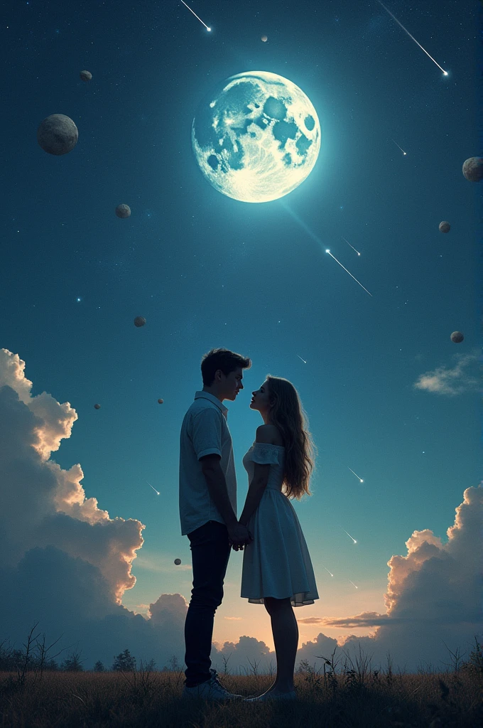 masterpiece, highest quality, Highest image quality, High resolution, photo realistic, Raw photo, full body photo, (night, giant Moon in the sky :1.4, outdoor, young man and beauty girl, man talking to girls and put his hands on girl's shoulder:1.4, man look at girl and girl look at man), many giant meteor strike on the ground, flying hair