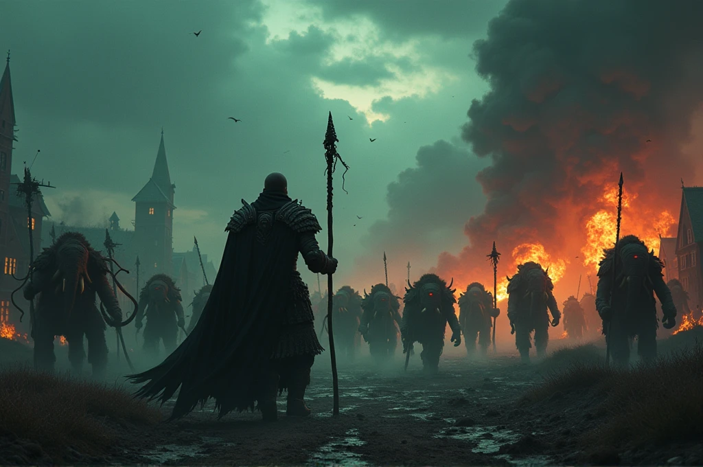 A cinematic, epic scene of a dark army led by a Dark Lord invading a village at dusk. The sky is filled with dark clouds and smoke from burning buildings, casting an eerie and apocalyptic glow. The Dark Lord, towering and menacing with glowing red eyes and dark armor, wields a staff emitting dark, crackling energy. The army consists of shadowy figures in dark armor, wielding sinister weapons, marching forward with discipline and menace. Evil magic swirls in the air, casting ominous shadows and eerie green and purple glows. Behind them, giant war beasts including massive mammoths with tusks adorned in dark armor and various monstrous creatures wreak havoc, smashing buildings and roaring. Villagers are seen fleeing in terror, some carrying children or belongings, while others are being killed by the dark forces. Fires blaze throughout the village, adding to the chaos and destruction. The overall scene is highly detailed and realistic, capturing the intensity and terror of the invasion with a high level of cinematic quality. The style should evoke an apocalyptic and dramatic mood, with a focus on evil magic, a dark, foreboding atmosphere, and the brutal slaughter of villagers.