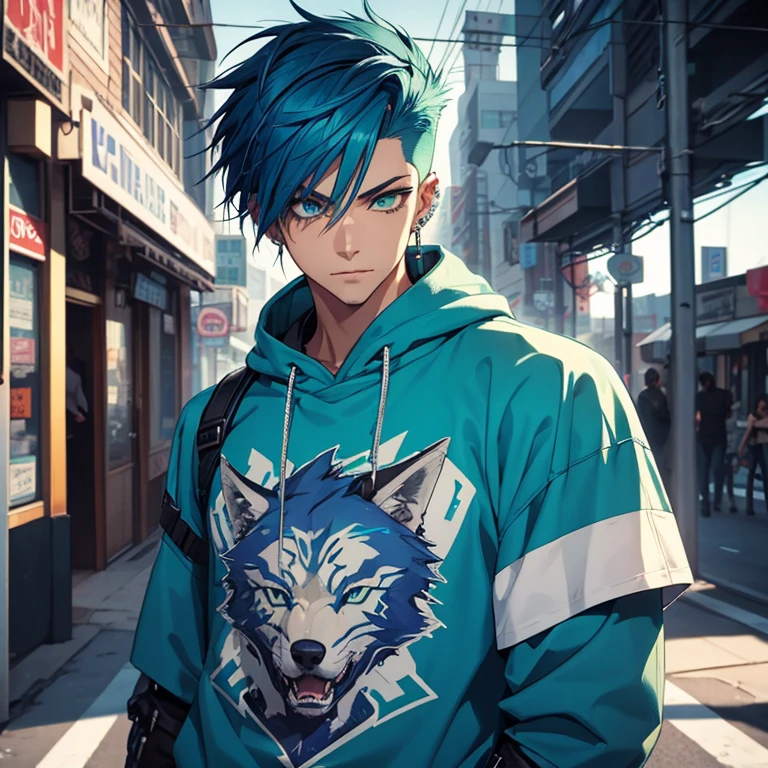 Young man, Blue cyberpunk hair in a wolf cut, green eyes, handsome, piercings, street style clothes, blue tiger shirt