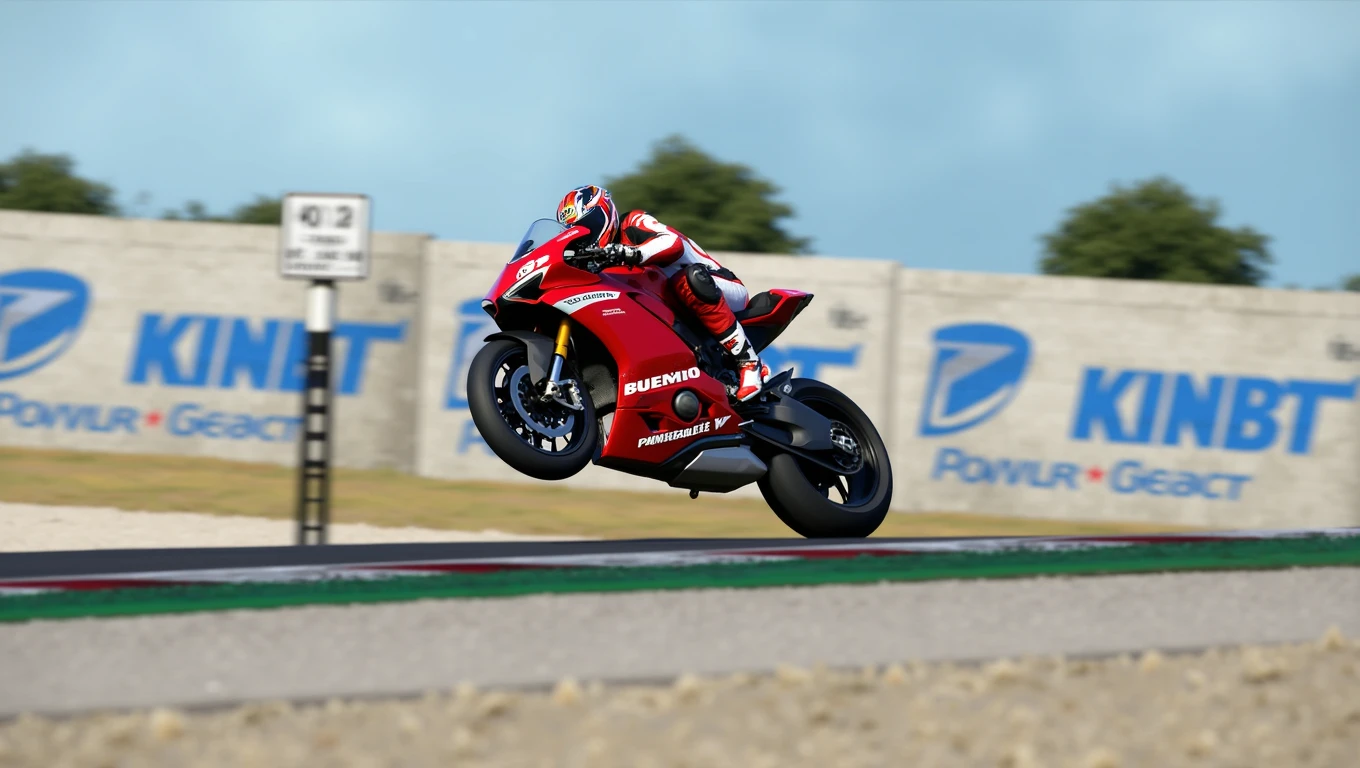 The image depicts a motorcycle rider in the midst of a wheelie, a maneuver where the front wheel is lifted off the ground while the rear remains on the road. The rider is dressed in full protective gear, including a helmet, gloves, and a suit with matching colors to the motorcycle, suggesting a professional or competitive context. The motorcycle itself is red and black, with the brand "Ducati Panigale V4" prominently displayed on the side, indicating the make of the bike. The background is blurred but suggests an outdoor setting with a hazy sky and a grassy area, which could imply a racetrack environment. There are no visible spectators or other riders, focusing the image solely on the action of the wheelie.