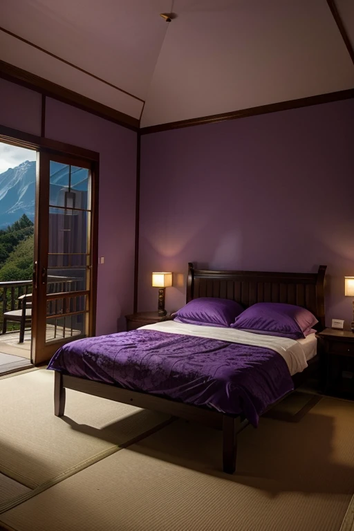 Purple lilac room in beautiful, palatial and spooky Japanese castle in Japan with mountains and lakes, bedrooms