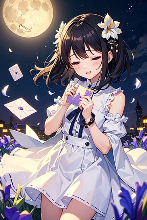 Highest quality、Black Hair、Iris、short hair、girl、cute、16 years old、、Small hair ornament、1 person、cuteワンピース、Full moon night、Confession、Love Letter、Eyes closed and embarrassed look、