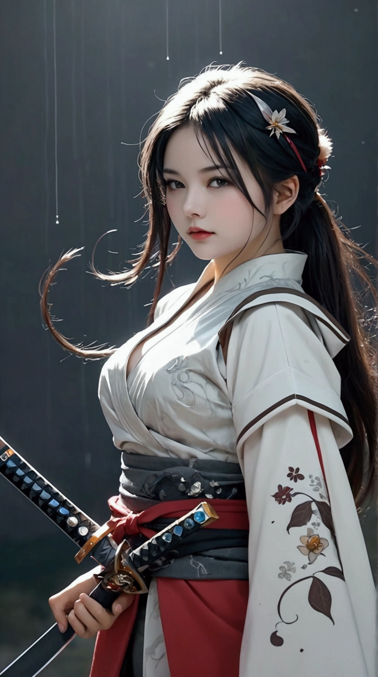 (Japanese sword &reference;Muramasa 2&reference;.2)Beautiful 27 year old woman、Japanese women、Tie your hair back、Hair ornament artist、Shinobi Costume、Warrior、Clear Eyes、{Arm tattoo(SakuraFubuki}’Warrior、(Japanese swordを両手で構える、1.3)(Japanese sword1.2)Intermediate position、whole body、A long-edged sword、Realistic battle scenes、敵Warriorの返りBlood、Blood、High resolution、Highest quality、Very detailed、8k、background、The castle is burning、Sparks fly、