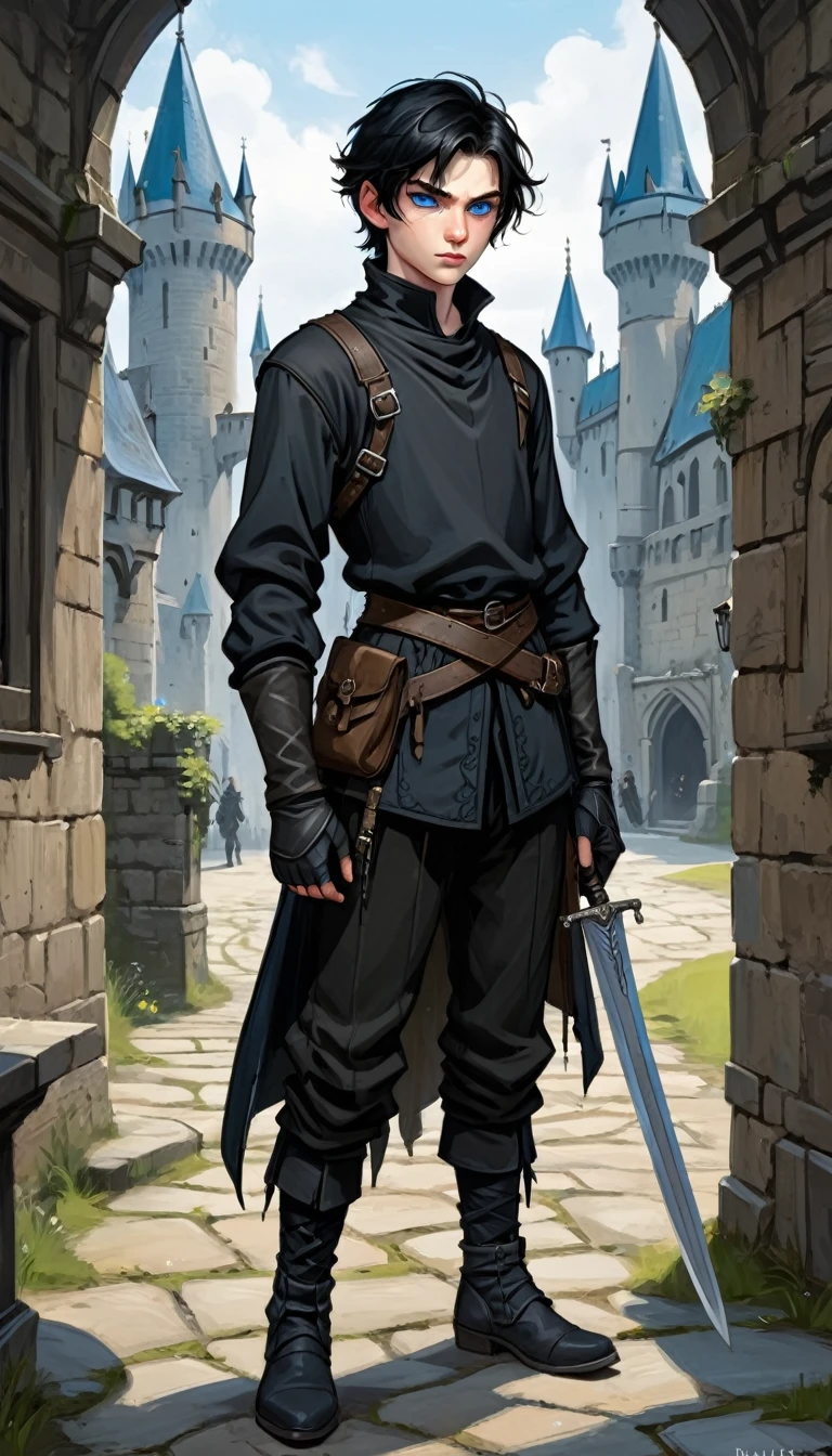 best quality, masterpiece, detailed, perfect face, cute, fantasy, medieval, lad, male, young, beardless, adolescent, short stature, pale skin, blue eyes, black hair, messy hair, short hair, straight hair, black clothes, rogue, thief, rogue clothes, black clothes, medieval clothes, long sleeved, black shirt with straps and carrying cases, lowered hood, lowered mask, black pants, black boots, holding dagger, full body, annoyed, castle background, short stature, pouting, annoyed, full body, standing