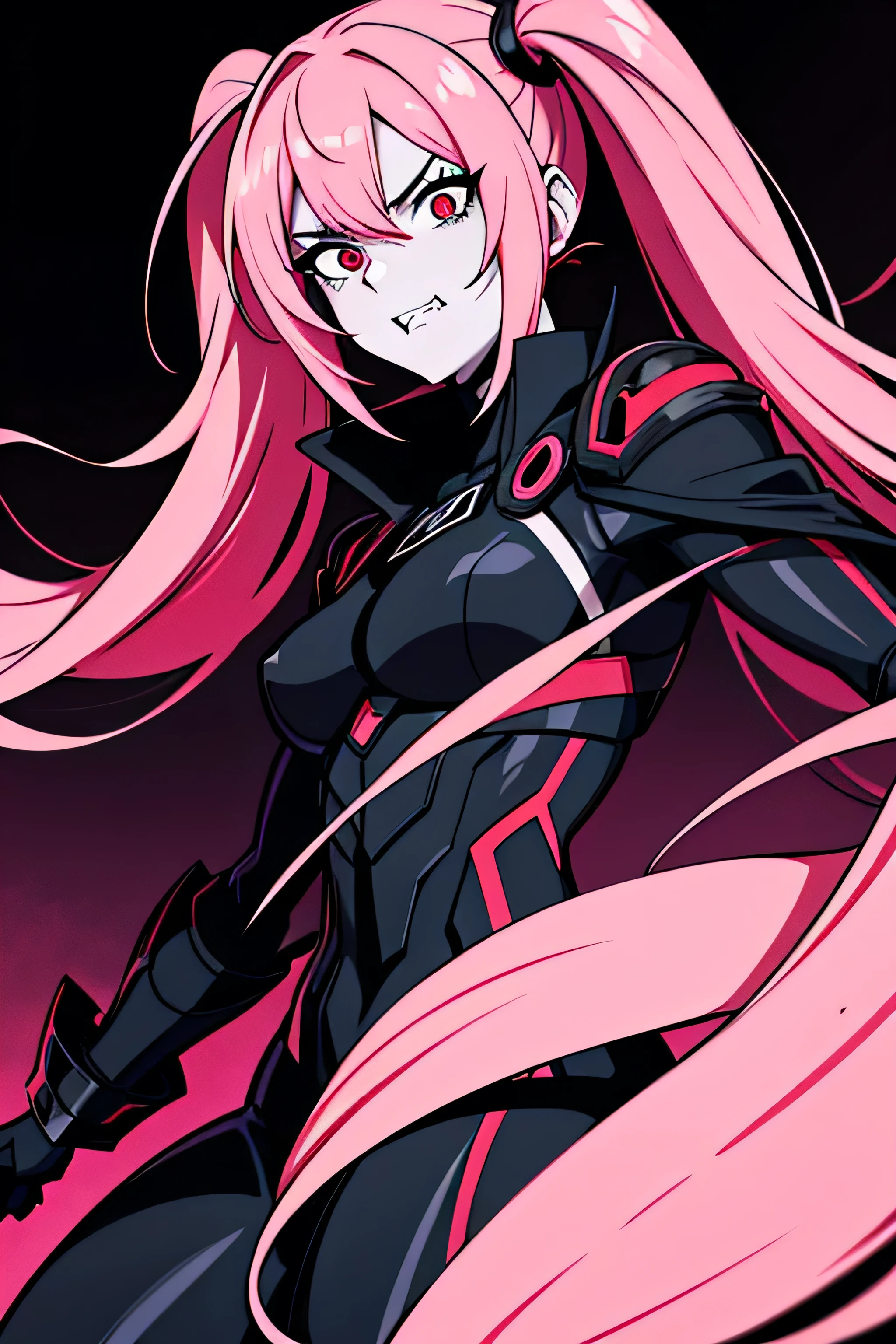 Anime-style illustration featuring a woman with long, vibrant pink hair styled in twin tails. The character has pale skin and large, black eyes with red pupils, giving a striking and somewhat eerie appearance. The character's mouth is open, revealing sharp, fang-like teeth, and there is a small amount of red coloring near the mouth.  The background is dark, which contrasts sharply with the character's bright hair and pale skin. scary look,  the character seems to be totally insane, The overall style is bold and dramatic, with strong lines and high contrast between light and dark areas. wearing an all-black military technological suit