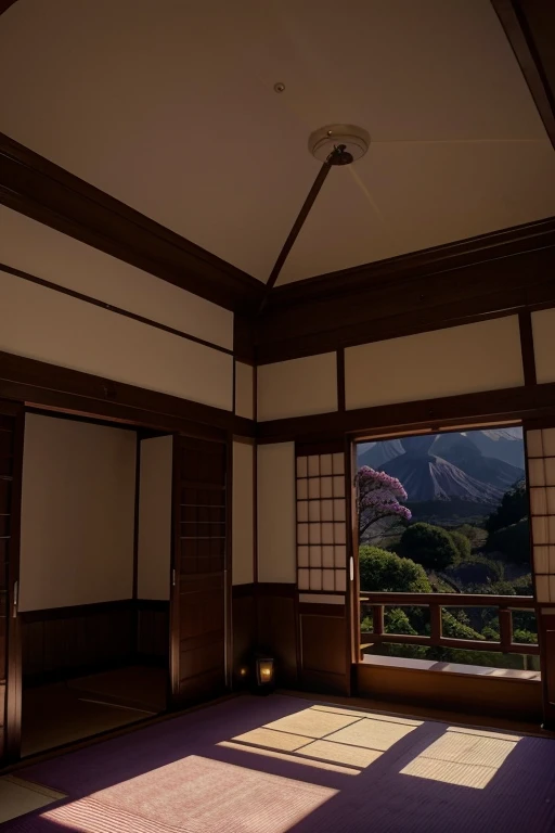 Purple lilac room in beautiful, palatial and spooky Japanese castle in Japan with mountains and lakes, bedrooms