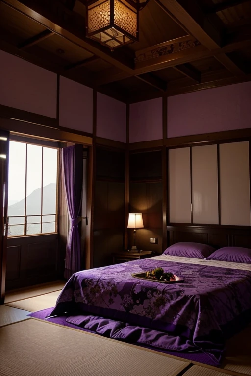 Purple lilac room in beautiful, palatial and spooky Japanese castle in Japan with mountains and lakes, bedrooms 