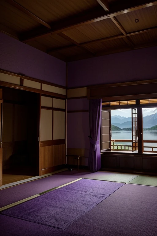 Purple lilac room in beautiful, palatial and spooky Japanese castle in Japan with mountains and lakes, bedrooms 