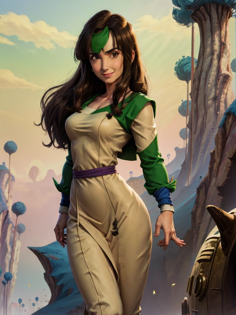 8k, Best Quality, Victoria Villarruel dressed as Piccolo from Dragon Ball, long dark brown hair, slim with wide hips, smiling warm expression. outdoor, clearing, plain, namek trees background.