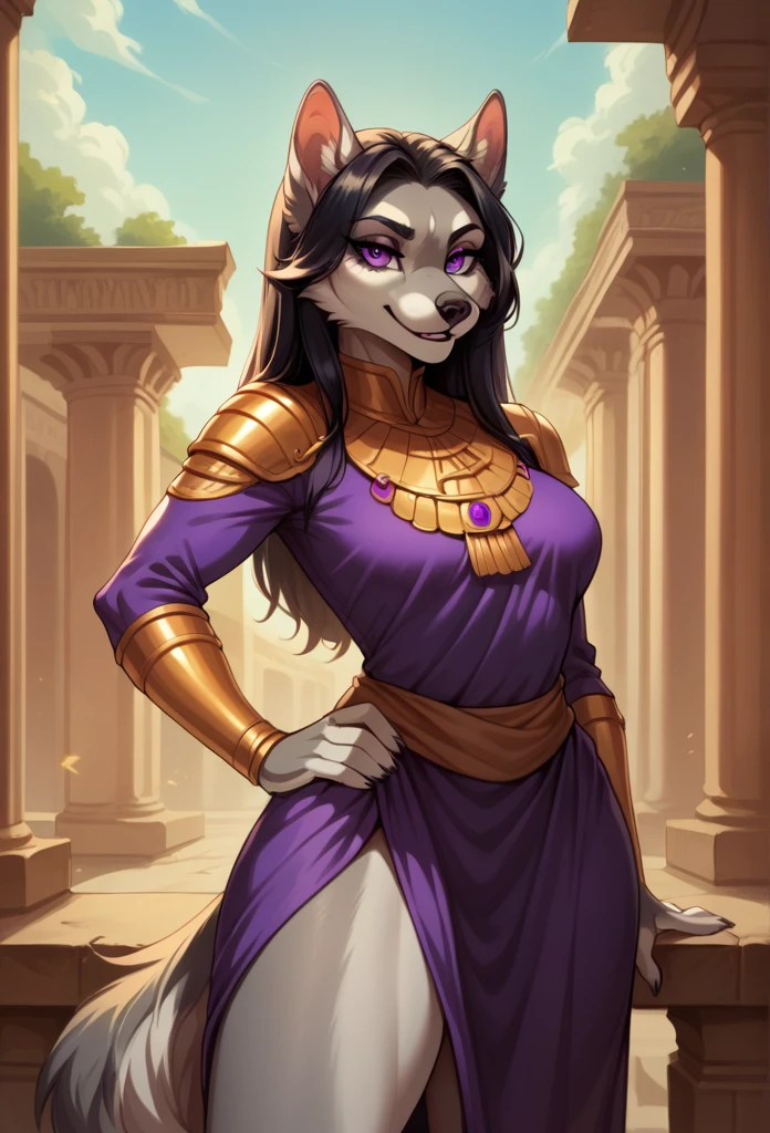 score_9, score_8_up, score_7_up, from the author: Wyla
Anthropomorphic furry female wolf, goddess Eriade, gray fur, purple eyes, long black hair, holds her hand on her hip, stands against the background of ancient Greek buildings, an evil smile, dark purple skirt, a cutout on the skirt slightly exposing one leg, open neckline, medium chest.
