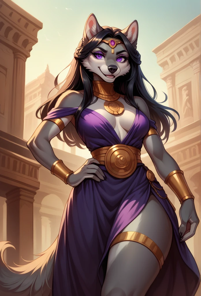 score_9, score_8_up, score_7_up, from the author: Wyla
Anthropomorphic furry female wolf, goddess Eriade, gray fur, purple eyes, long black hair, holds her hand on her hip, stands against the background of ancient Greek buildings, an evil smile, dark purple skirt, a cutout on the skirt slightly exposing one leg, open neckline, medium chest.
