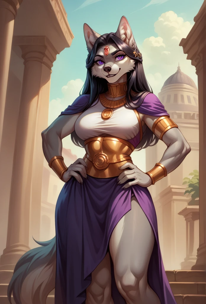 score_9, score_8_up, score_7_up, from the author: Wyla
Anthropomorphic furry female wolf, goddess Eriade, gray fur, purple eyes, long black hair, holds her hand on her hip, stands against the background of ancient Greek buildings, an evil smile, dark purple skirt, a cutout on the skirt slightly exposing one leg, open neckline, medium chest.