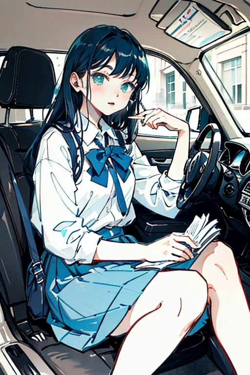 arafed woman sitting in the back of a car with a blue bag, a picture by Kose Kanaoka, tumblr, conceptual art, anime girl in real life, sitting in her car, anime girl cosplay, ecchi style, fubuki, rei hiroe, the anime girl is crouching, rin, ayaka cosplay, japanese girl school uniform