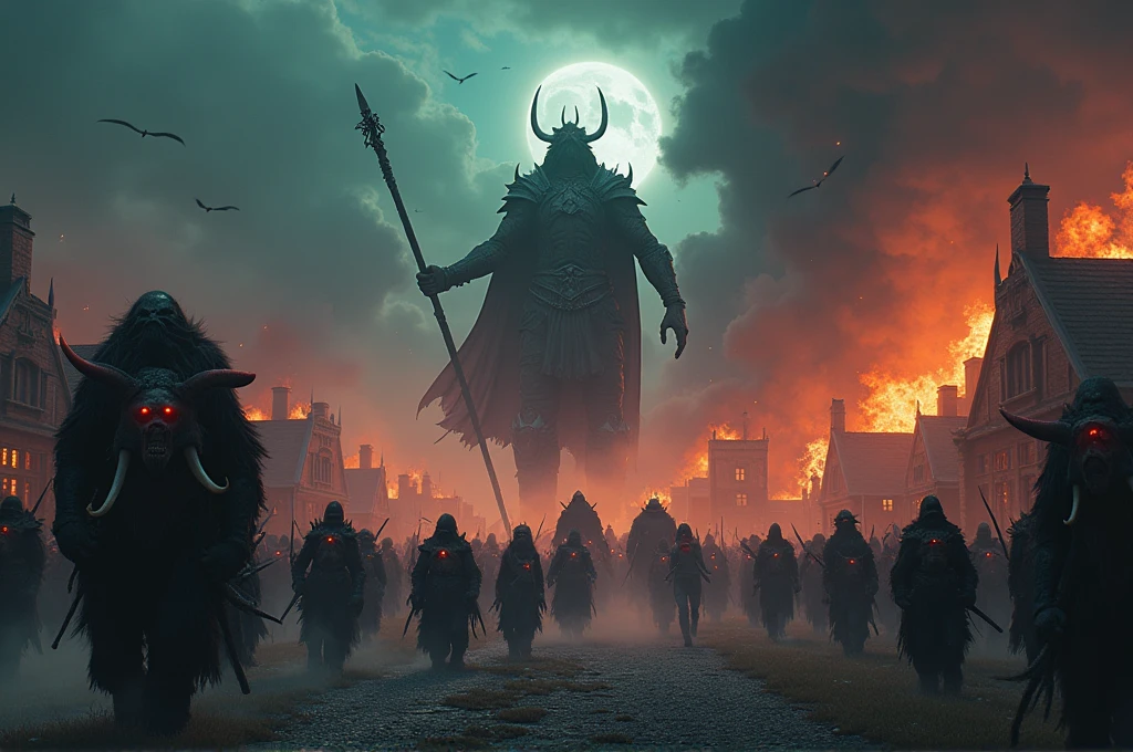 A cinematic, epic scene of a dark army led by a Dark Lord invading a village at dusk. The sky is filled with dark clouds and smoke from burning buildings, casting an eerie and apocalyptic glow. The Dark Lord, towering and menacing with glowing red eyes and dark armor, wields a staff emitting dark, crackling energy. The army consists of shadowy figures in dark armor, wielding sinister weapons, marching forward with discipline and menace. Evil magic swirls in the air, casting ominous shadows and eerie green and purple glows. Giant war beasts, including massive mammoths with tusks adorned in dark armor and various monstrous creatures, wreak havoc, smashing buildings and roaring. Villagers are seen fleeing in terror, some carrying children or belongings, while others are being killed by the dark forces. Fires blaze throughout the village, adding to the chaos and destruction. The overall scene is highly detailed and realistic, capturing the intensity and terror of the invasion with a high level of cinematic quality. The style should evoke an apocalyptic and dramatic mood, with a focus on evil magic, a dark, foreboding atmosphere, giant mammoths, various monsters, and the brutal slaughter and fleeing of villagers.