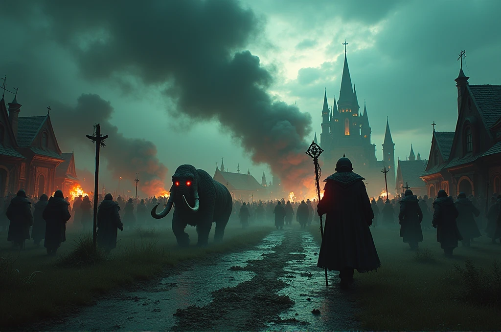 A cinematic, epic scene of a dark army led by a Dark Lord invading a village at dusk. The sky is filled with dark clouds and smoke from burning buildings, casting an eerie and apocalyptic glow. The Dark Lord, towering and menacing with glowing red eyes and dark armor, wields a staff emitting dark, crackling energy. The army consists of shadowy figures in dark armor, wielding sinister weapons, marching forward with discipline and menace. Evil magic swirls in the air, casting ominous shadows and eerie green and purple glows. Giant war beasts, including massive mammoths with tusks adorned in dark armor and various monstrous creatures, wreak havoc, smashing buildings and roaring. Villagers are seen fleeing in terror, some carrying children or belongings, while others are being killed by the dark forces. Fires blaze throughout the village, adding to the chaos and destruction. The overall scene is highly detailed and realistic, capturing the intensity and terror of the invasion with a high level of cinematic quality. The style should evoke an apocalyptic and dramatic mood, with a focus on evil magic, a dark, foreboding atmosphere, giant mammoths, various monsters, and the brutal slaughter and fleeing of villagers.