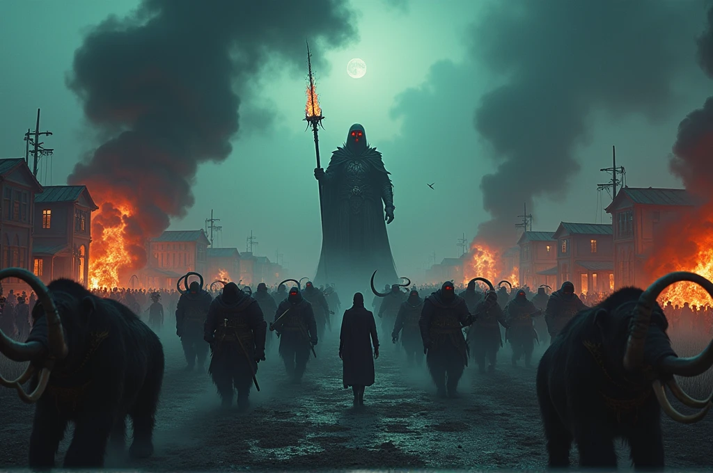 A cinematic, epic scene of a dark army led by a Dark Lord invading a village at dusk. The sky is filled with dark clouds and smoke from burning buildings, casting an eerie and apocalyptic glow. The Dark Lord, towering and menacing with glowing red eyes and dark armor, wields a staff emitting dark, crackling energy. The army consists of shadowy figures in dark armor, wielding sinister weapons, marching forward with discipline and menace. Evil magic swirls in the air, casting ominous shadows and eerie green and purple glows. Giant war beasts, including massive mammoths with tusks adorned in dark armor and various monstrous creatures, wreak havoc, smashing buildings and roaring. Villagers are seen fleeing in terror, some carrying children or belongings, while others are being killed by the dark forces. Fires blaze throughout the village, adding to the chaos and destruction. The overall scene is highly detailed and realistic, capturing the intensity and terror of the invasion with a high level of cinematic quality. The style should evoke an apocalyptic and dramatic mood, with a focus on evil magic, a dark, foreboding atmosphere, giant mammoths, various monsters, and the brutal slaughter and fleeing of villagers.