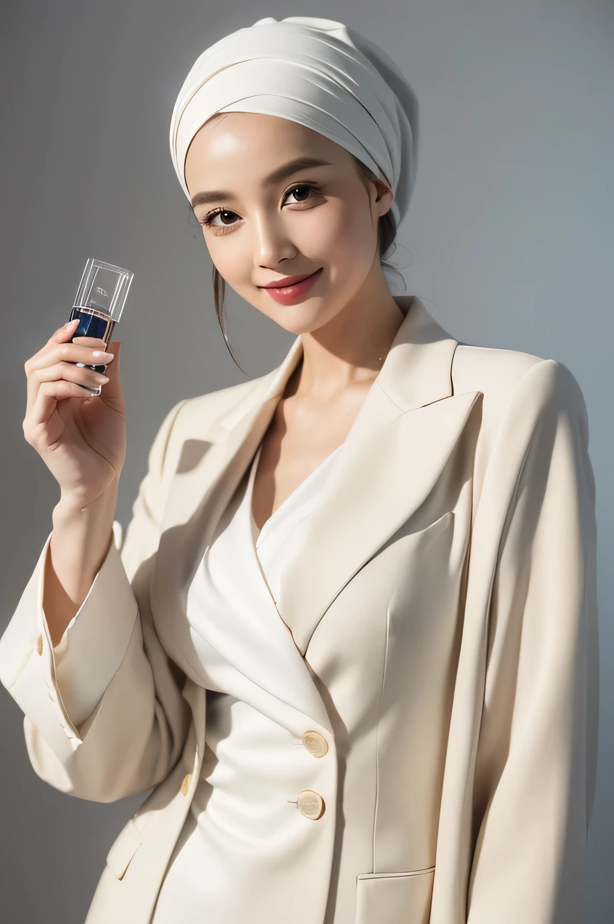 A professional woman with a neat and elegant appearance, holding a perfume bottle in her hand. The woman wore a headscarf, wore formal work clothes such as a blazer and blouse, and smiled confidently. The background is plain with neutral colors such as white or grey, so the main focus is on the woman and the perfume bottle she is holding
