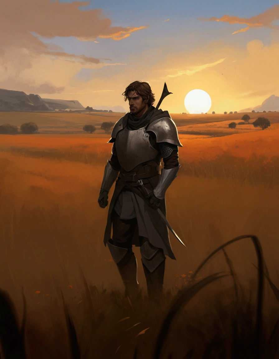 a drawing of a man walking  in a field,after war, garbera orange field contrast concept art, standing in the plains of rohan, dark concept art, finished concept art, realistic character concept, explorer sketch, a human male paladin, character concept, concept art sketch, concept character, fantasy character concept, dramatic concept art