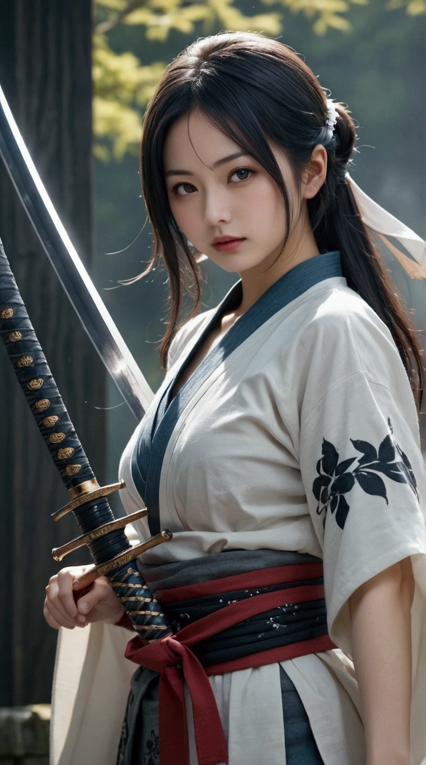 (Japanese sword &reference;Muramasa 2&reference;.2)Beautiful 27 year old woman、Japanese women、Tie your hair back、Hair ornament artist、Shinobi Costume、Warrior、Clear Eyes、{Arm tattoo(SakuraFubuki}’Warrior、(Japanese swordを両手で構える、1.3)(Japanese sword1.2)Intermediate position、whole body、A long-edged sword、Realistic battle scenes、敵Warriorの返りBlood、Blood、High resolution、Highest quality、Very detailed、8k、background、The castle is burning、Sparks fly、