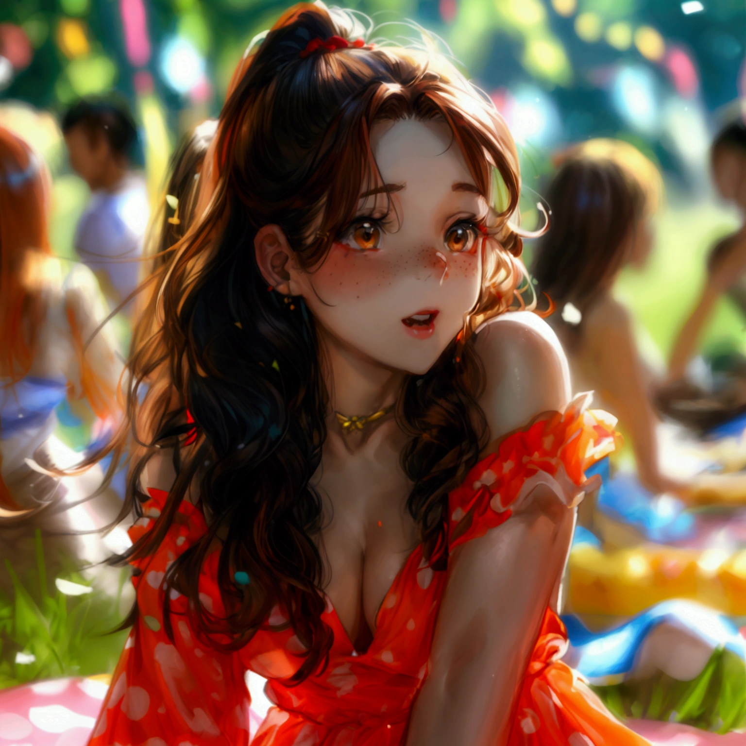 semi close up, hyper photorealistic, Emma 25 year old women, Long, wavy chestnut brown hair that falls just past her shoulders, often tied in a ponytail with a bright red hair band. Round face with a light sprinkling of freckles across her nose and cheeks, large hazel eyes with long lashes. Wears a knee-length half sleeve, complete bright red sundress with white dots. She also wears a silver charm bracelet on her left wrist. Body Structure, and lean, with an energetic demeanor that makes her seem constantly in motion. is enjoying surrounded by her friends celebrating birthday party in the park.
