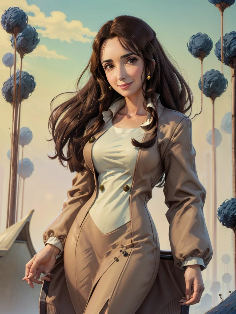 8k, Best Quality, Victoria Villarruel dressed in a suit as a lawyer, long dark brown hair, slim with wide hips, smiling warm expression. outdoor, clearing, plain, namek trees background.