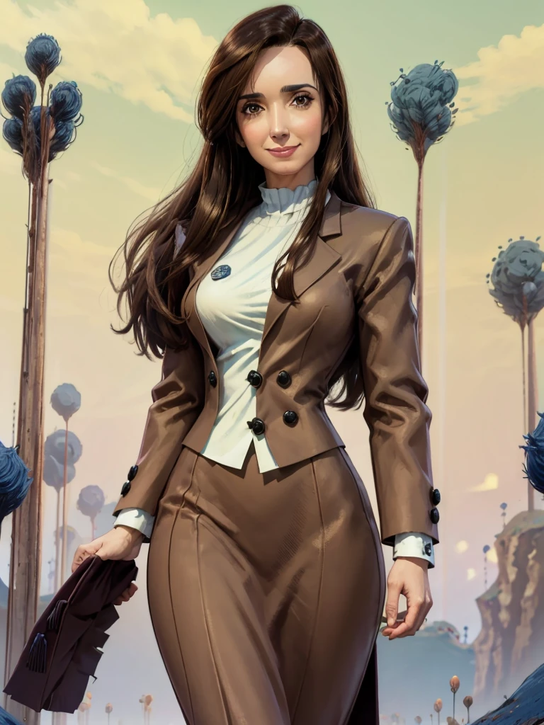 8k, Best Quality, Victoria Villarruel dressed in a suit as a lawyer, long dark brown hair, slim with wide hips, smiling warm expression. outdoor, clearing, plain, namek trees background.